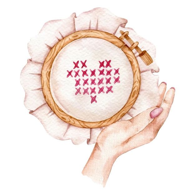 Ręce haftujące wzór na lnianym materiale